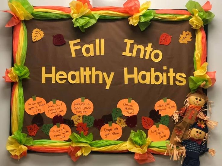 a bulletin board that says fall into healthy habitts