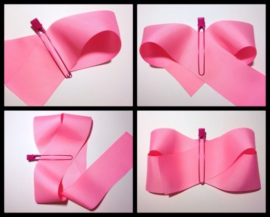 four pictures of how to make a bow out of paper