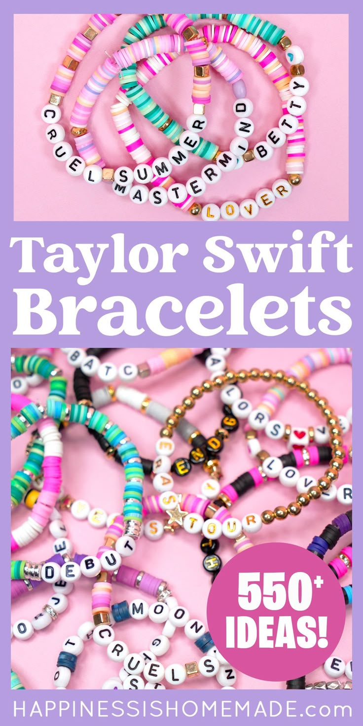 550+ Taylor Swift Friendship Bracelet Ideas - Happiness is Homemade How To Make Clay Bracelets Diy, Ideas For Taylor Swift Bracelets, Glass Bead Friendship Bracelet, How To Make A Taylor Swift Bracelet, Eras Tour Friendship Bracelets Diy, Swiftly Bracelet Ideas, Words To Put On Clay Bead Bracelets, Friendship Bracelet Tips, Beaded Friendship Bracelets Tutorial