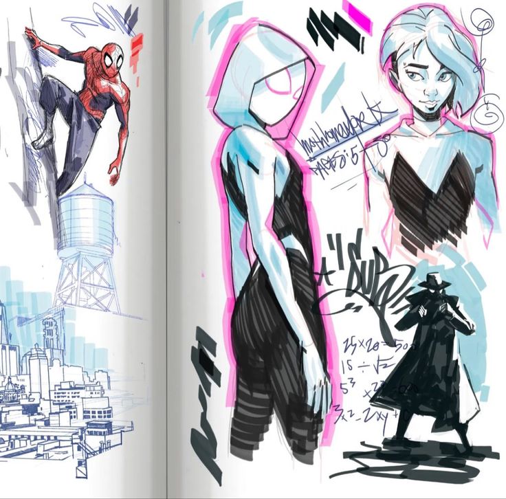 an open book with drawings of people and buildings in the background, including spider - man