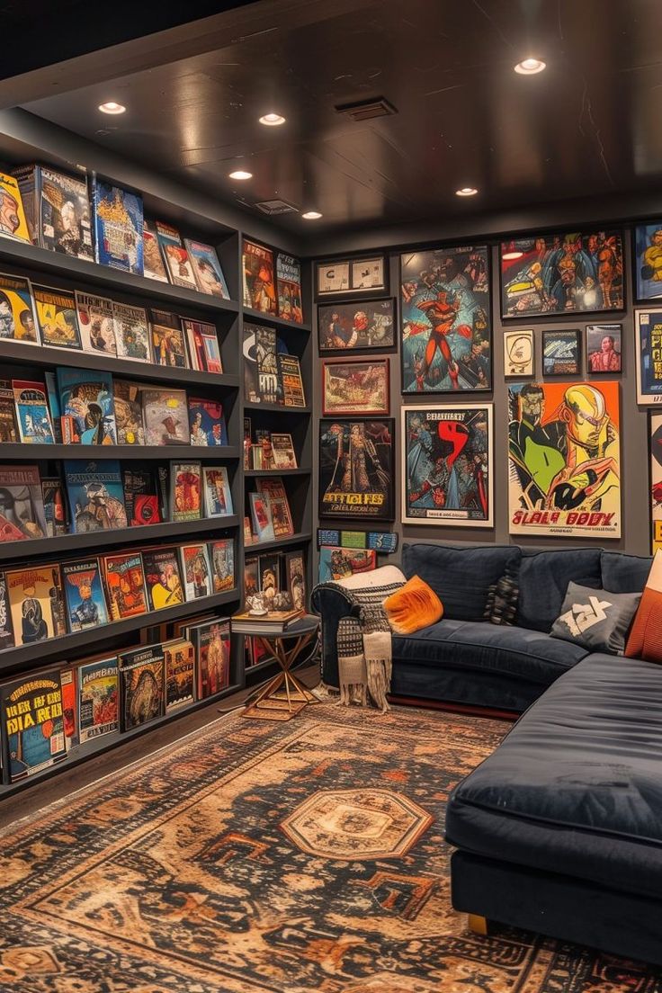 a living room filled with lots of comics on the walls and shelves full of comic books