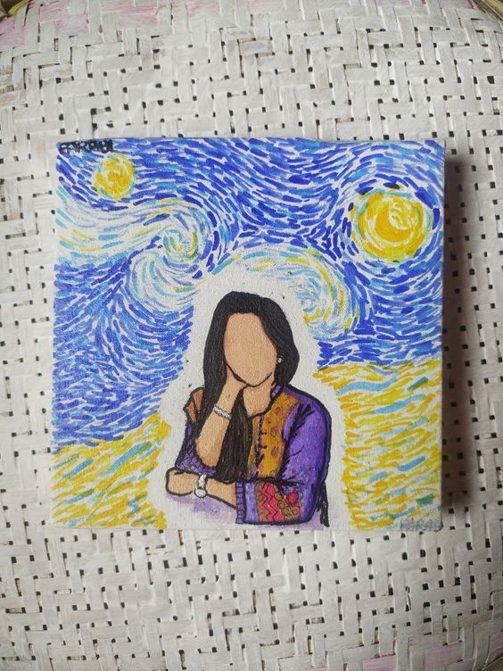 a drawing of a woman sitting in front of a starry night