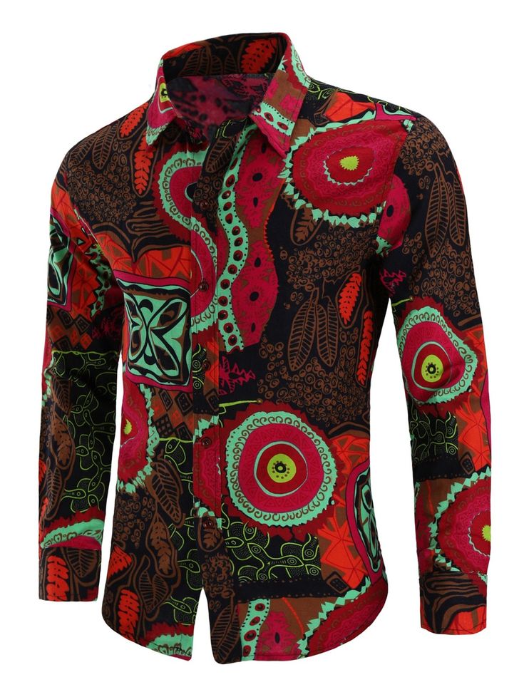 Floral Linen Tribal Printed Shirt - Red - 3S66436512 - Men's Clothing  #MensClothing #Men's #Clothing Slim Fit Long Sleeve Printed Tops, Multicolor Slim Fit Long Sleeve Shirt, Casual Slim Fit Tops With Graphic Print, Casual Slim Fit Graphic Print Tops, Red Slim Fit Tops For Fall, Fall Patterned Printed Shirt, Multicolor Slim Fit Cotton Tops, Multicolor Print Long Sleeve Shirt With All Over Print, Multicolor Print Long Sleeve Shirt