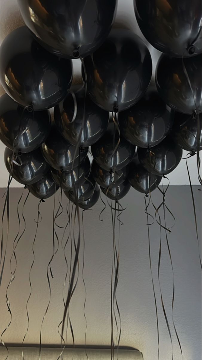 birthday wishes, aesthetic, baddie birthday, wishes Black Birthday Balloons Aesthetic, Black Ballon Aesthetic, Black Balloons Ceiling, Moody Birthday Aesthetic, Black Balloon Ceiling, Black Themed 30th Birthday, Black Birthday Astethic, Black Happy Birthday Balloons, Black White Silver Balloons