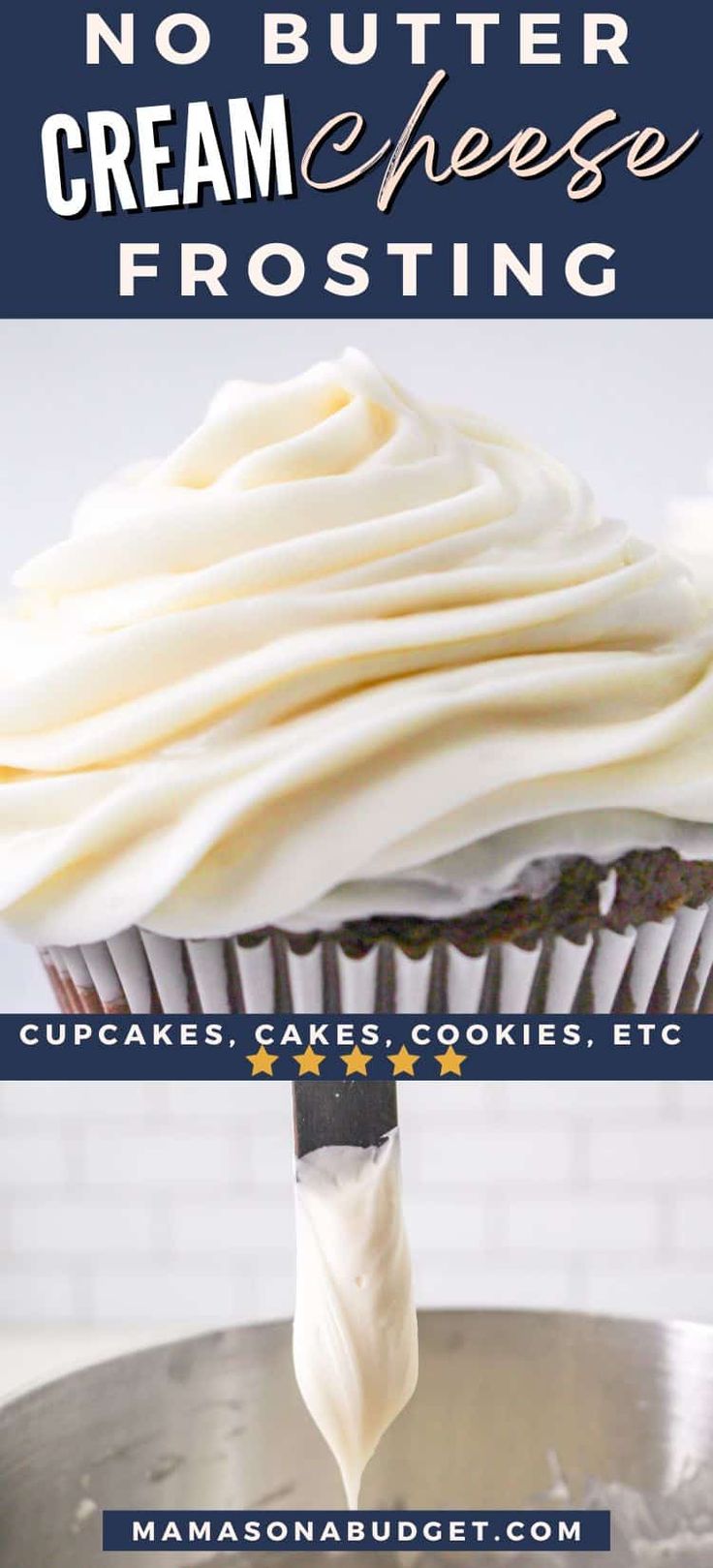 a cupcake being frosted with icing on top of a cake pan and the words, no butter cream cheese frosting