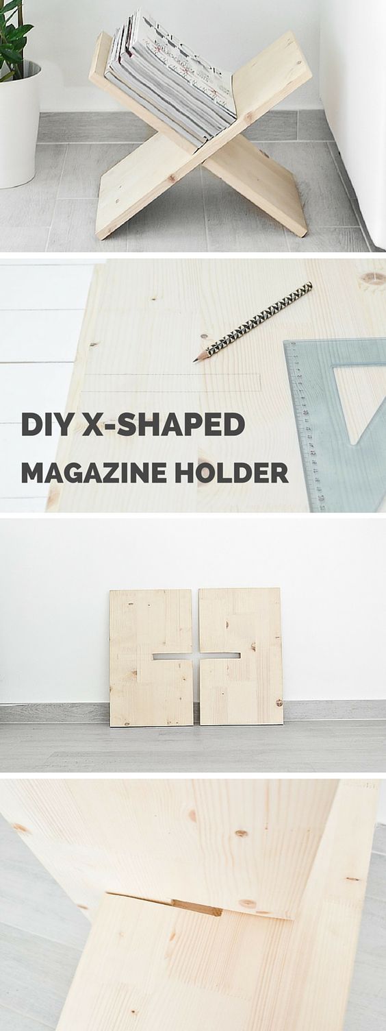 the diy x - shaped magazine holder is made out of plywood and wood