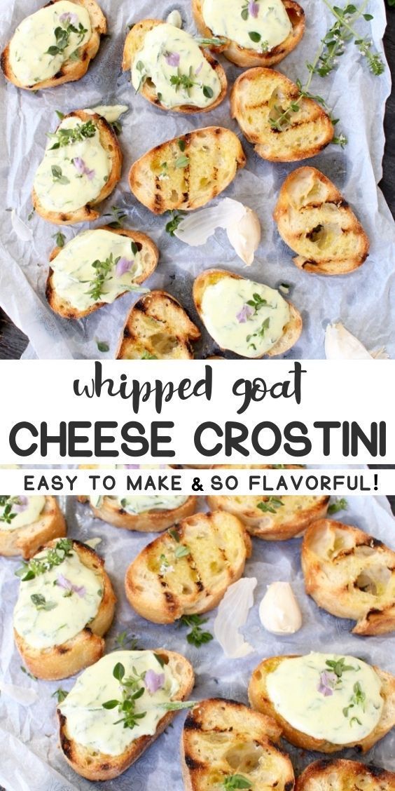 baked mini cheese crostini on parchment paper with text overlay that says whipped goat cheese crostini easy to make and 30 flavorful