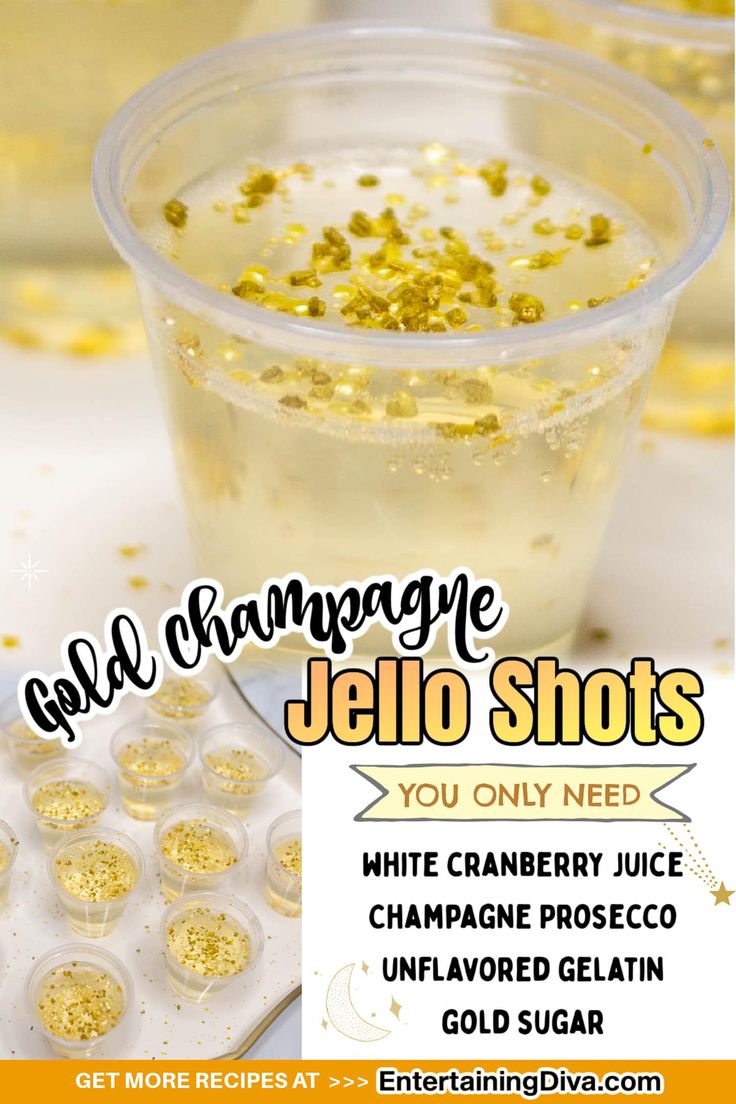 an ad for jello shots with gold sprinkles in it and the words,