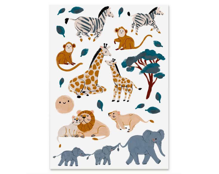 an animal sticker sheet with various animals and trees on it, including giraffes