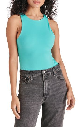 A high neck and sleeveless silhouette create timeless charm on a versatile bodysuit that will complement your summer-ready wardrobe. Jewel neck Sleeveless 75% nylon, 25% elastane Hand wash, dry flat Imported Solid High-neck Bodysuit For Summer, Solid High Neck Bodysuit For Summer, Solid High Neck Summer Bodysuit, Solid Color High Neck Summer Bodysuit, Sleeveless Second-skin Green Bodysuit, Sleeveless Green Second-skin Bodysuit, Sleeveless Tight-fitting Green Bodysuit, Trendy Sleeveless Elastane Bodysuit, Tight Fitting Elastane Tank Top For Summer