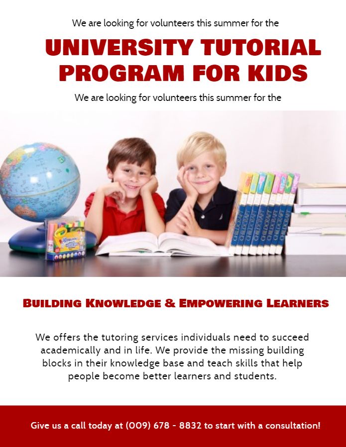 a flyer for an educational program with two children sitting at a desk and one boy reading