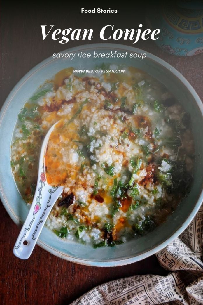 a bowl full of food with a spoon in it and the words vegan confe written