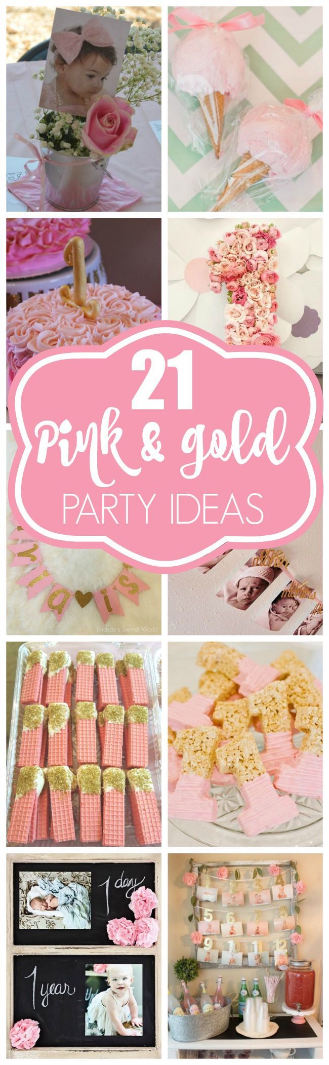 pink and gold party ideas for girls, including cakes, cupcakes, candy bars, desserts