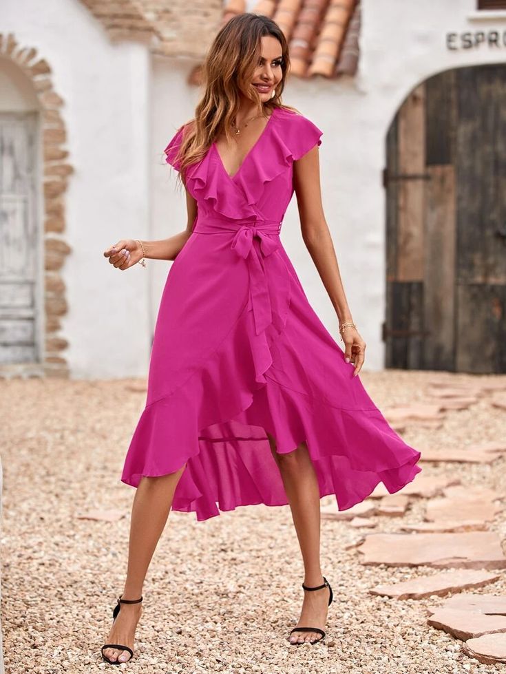 Solid Ruffle Trim Belted Wrap Dress | SHEIN USA Vestidos Color Fucsia, Belted Wrap Dress, Decor Event, Color Wedding, Theme Color, New Chic, Mermaid Dresses, Waist Dress, Ruffle Trim