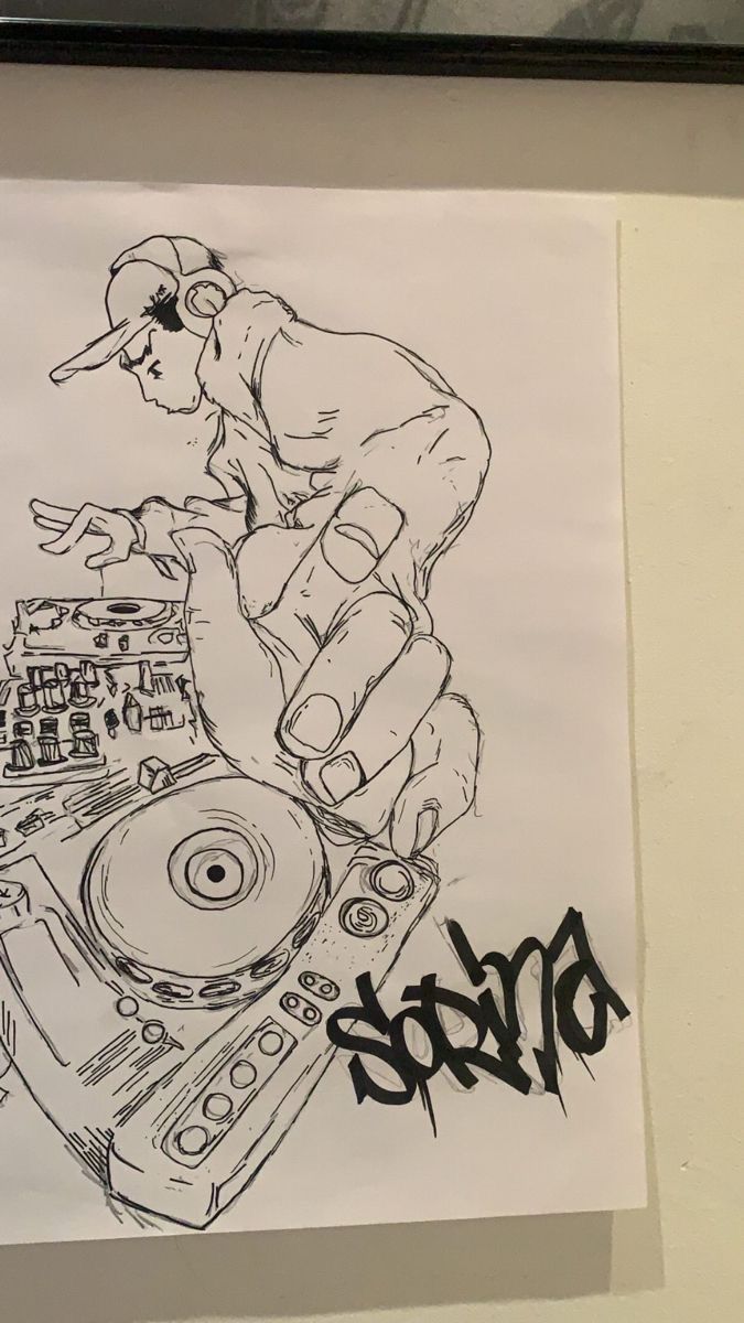 a drawing of a dj mixing on a turntable