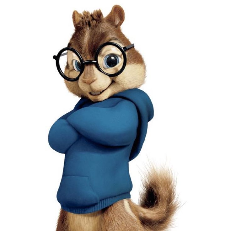 a cartoon squirrel wearing glasses and a blue sweater with his arms folded up in the air