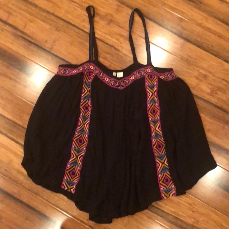 Super Cute Black Gauze Tank With Fun Embroidery Flowy Fit Black Embroidered Top For Summer Festival, Black Cotton Tops With Geometric Embroidery, Black Floral Embroidery Festival Top, Black Cotton Top With Geometric Embroidery, Black Embroidered Festival Tops, Summer Black Tops With Geometric Embroidery, Black Top With Geometric Embroidery For Festivals, Black Tops With Geometric Embroidery For Festivals, Black Tops With Geometric Embroidery For Summer