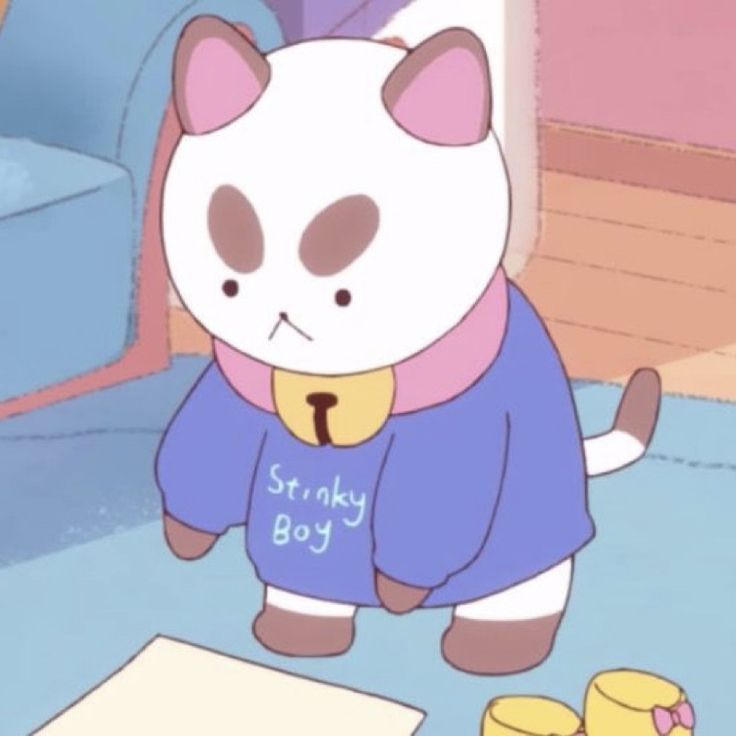 a cartoon cat wearing a blue shirt standing in front of a pile of papers and toys