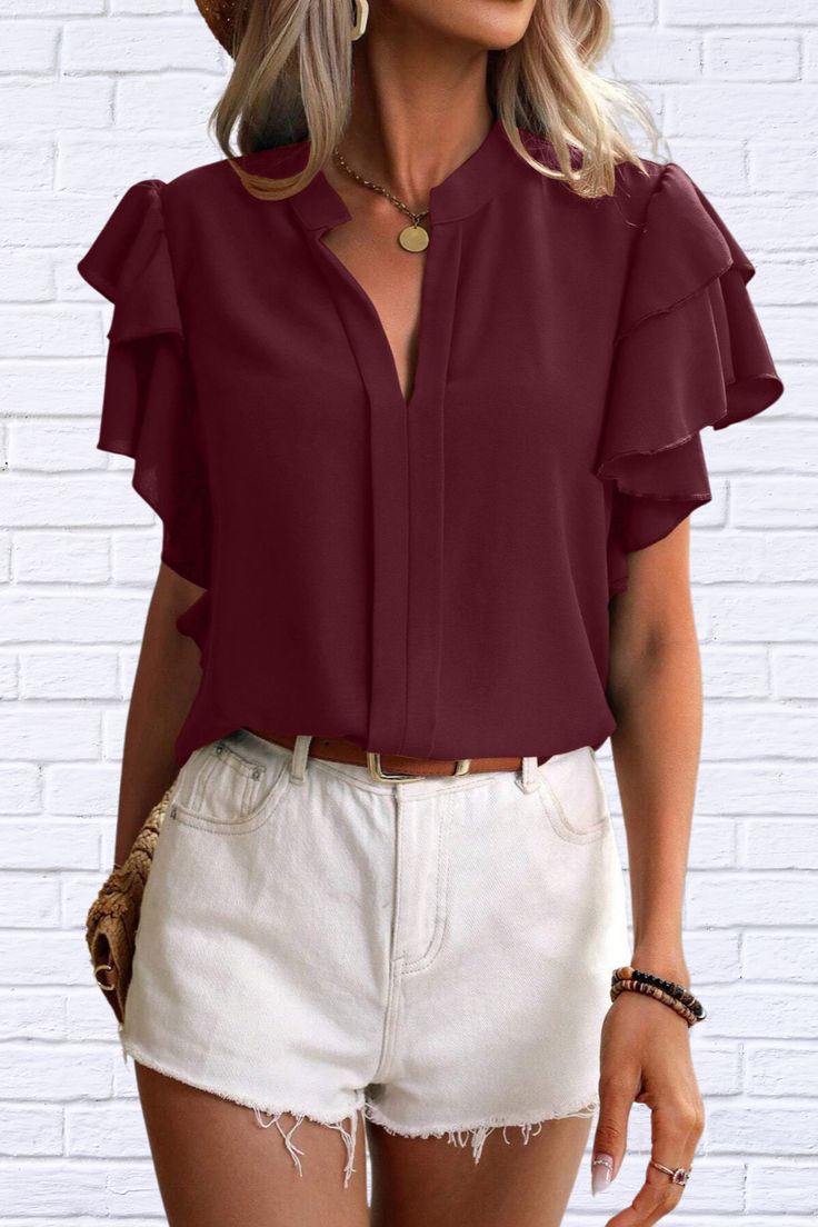 Get ready to make a statement with our Ruffled Notched Short Sleeve Blouse. This blouse is the epitome of feminine chic with its charming ruffled details and classic notched neckline. Perfect for adding a touch of elegance and style to any outfit. Elevate your wardrobe with this must-have piece! Shipping 7 To 14 Days Features: Ruffled Sheer: Opaque Stretch: No stretch Material composition: 100% polyester Care instructions: Machine wash cold. Tumble dry low. Imported Product measurements:S:Bust 3 Smart Casual Wear, Notched Neckline, Feminine Chic, Pink M, Unique Outfits, Short Sleeve Blouse, Smart Casual, Get Ready, Boutique Clothing