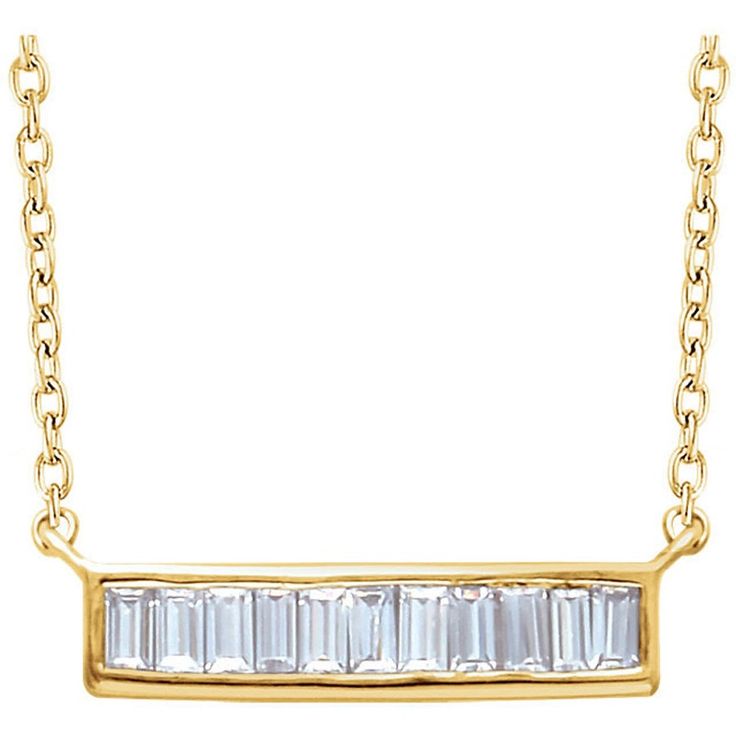 Our Baguette diamond necklace is lovely, feminine, modern and timeless in style. Diamond bar necklace in 14k Gold is a horizontal bar necklace style. I love the clean design and simple style! Sometimes simple is the best! The horizontal bar necklace holds diamond baguette cuts in either 1/4 or 1/2 carat diamond weight. While this is a stand-alone necklace, it is certainly an elegant layering necklace, which will be the anchor piece & work well with today's layering of multiple necklace's style, Baguette Diamond Necklace, Horizontal Bar Necklace, Diamond Bar Necklace, Bracelet Size Chart, Diamond Baguette, Colorless Diamond, Necklace Craft, Diamond Bar, Baguette Cut Diamond