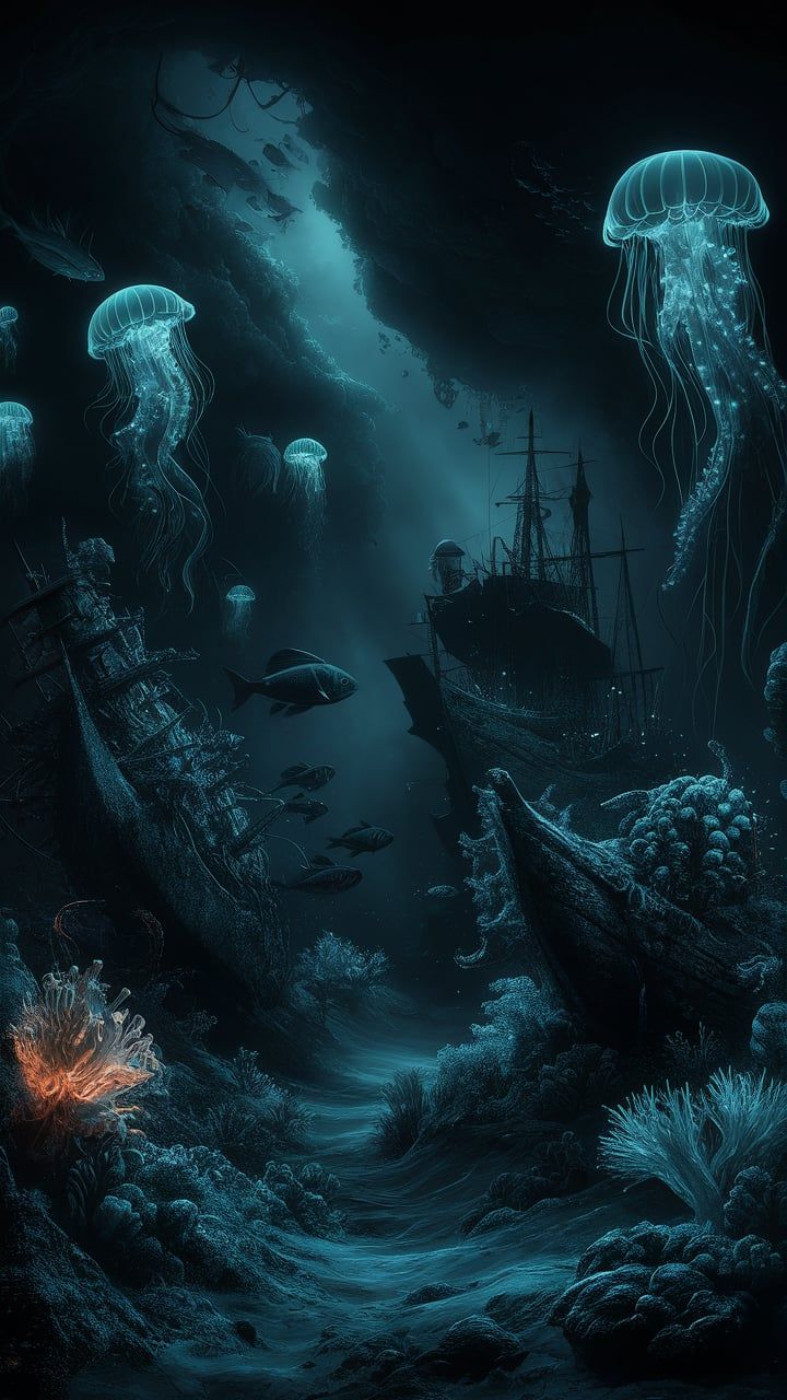 an underwater scene with jellyfish and ships