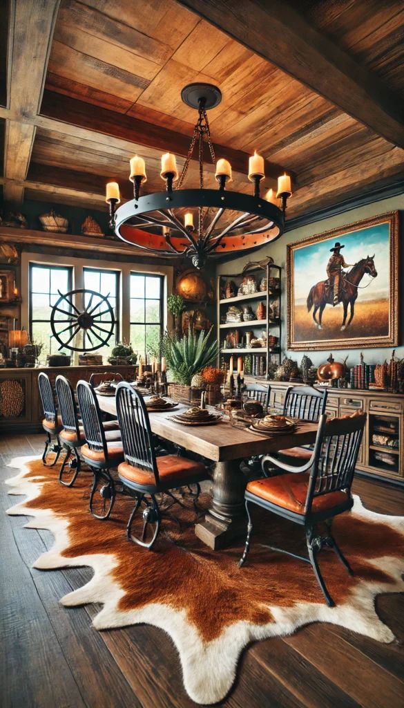 a dining room table with chairs and a cowhide rug on the floor in front of it