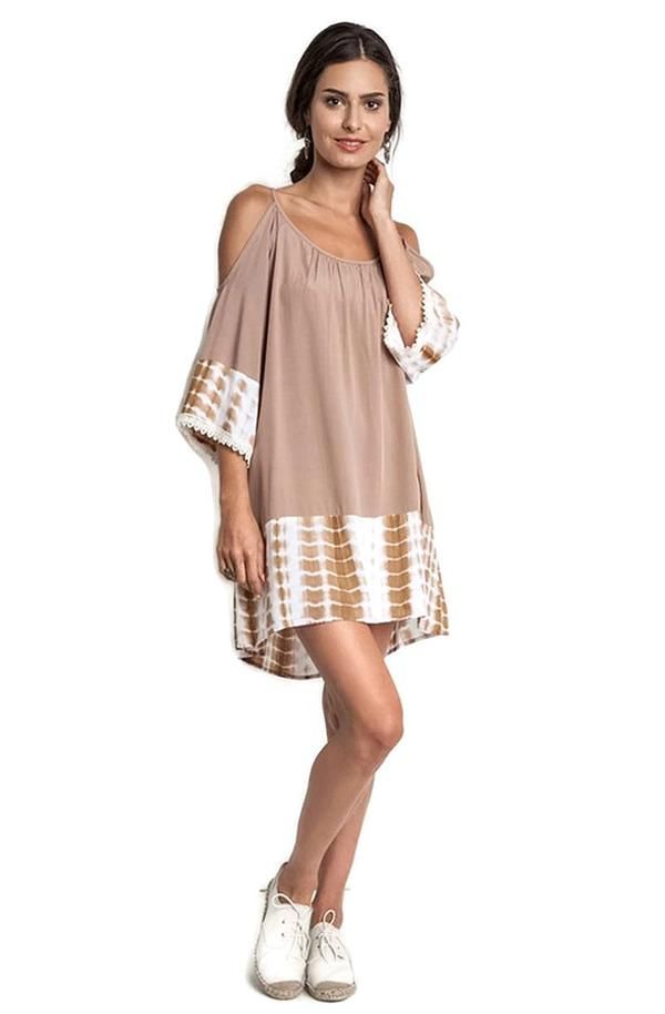 Tie Dye Cold Shoulder Tunic Dress, Taupe Tie Dye Dresses Boho, Summer Flowy Cold Shoulder Dresses, Casual Cold Shoulder Beach Dress, Flowy Cold Shoulder Summer Dresses, Cold Shoulder Flowy Dress For Vacation, Flowy Cold Shoulder Dress For Vacation, Flowy Cold Shoulder Vacation Dress, Summer Vacation Cold Shoulder Mini Dress, Summer Vacation Mini Dress With Cold Shoulder