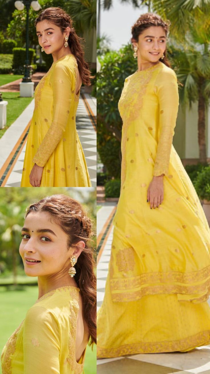 Alia Bhatt Haldi Outfit, Hairstyles For Kurta Indian Weddings, Celebrity Haldi Look, Hairstyle On Kurti Wear Indian, Hairstyles For Churidar, Alia Bhatt In Yellow, Alia Dress, Alia Bhatt Hairstyles, Hair Style On Saree