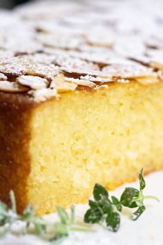 a piece of cake with powdered sugar on top sitting on a white plate next to a sprig of green leaves