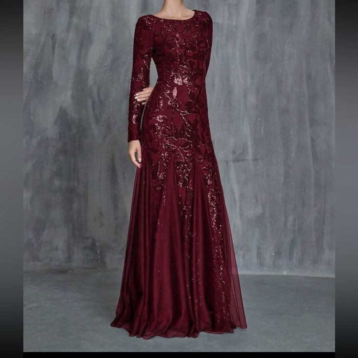 Very Cute Bridesmaid Dress Boudin Dress Elegant And Cute Dress Long Sleeve Fitted Bodice Bridesmaid Dress For Party, Long Sleeve Evening Dress With Sweep Train For Bridesmaid, Elegant Red Long Sleeve Evening Dress, Burgundy Holiday Dress For Banquet, Elegant Burgundy Dress For Banquet, Burgundy Wedding Dress With Sweep Train, Fitted Bodice Long Sleeve Evening Dress For Bridesmaid, Elegant Red Dress With Sweep Train, Elegant Long Sleeve Burgundy Dresses