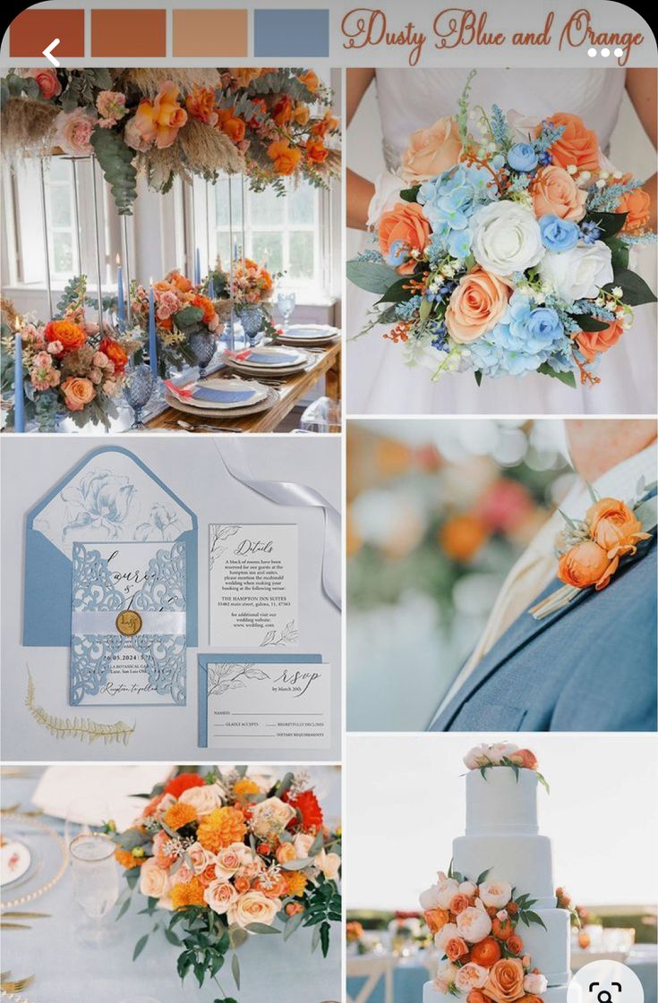 an orange and blue wedding color scheme with flowers on the top, bottom left corner