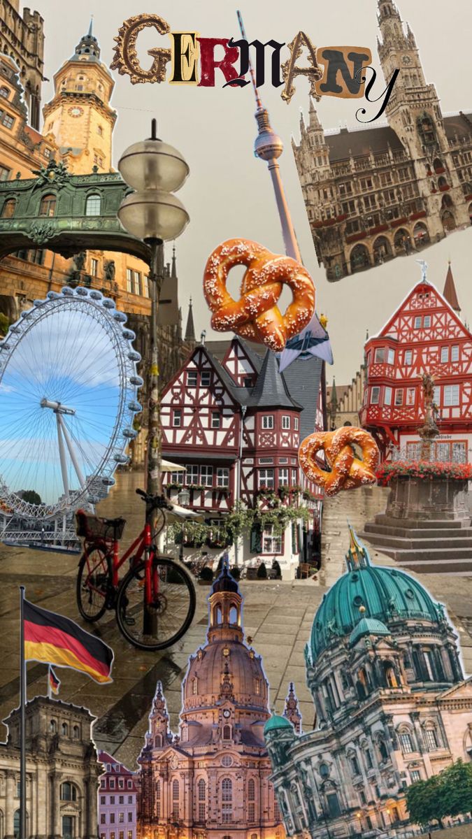 the collage has many different buildings and things in it, including a ferris wheel