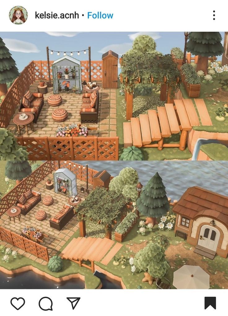 two views of an outdoor patio and deck area in the game animal crossing, which is designed to look like a floating island