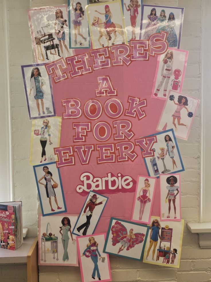 there's a book for every barbie poster on the wall next to some books