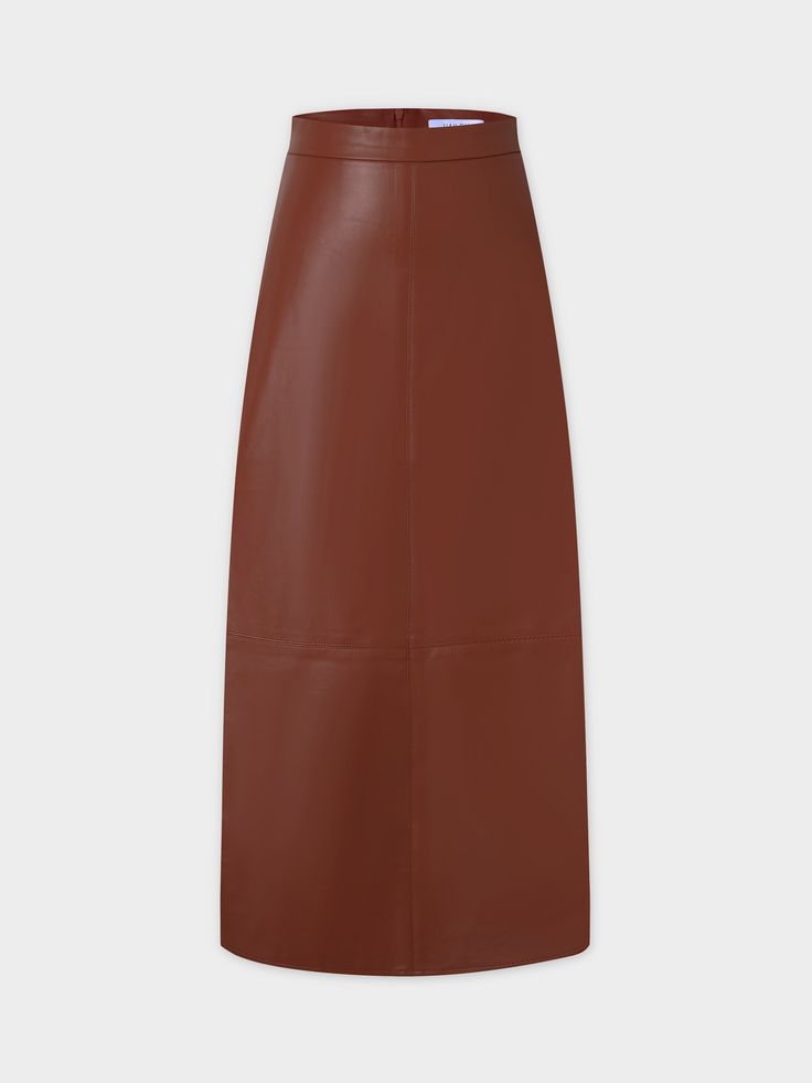 The Leather A-Line Skirt-Cognac is a versatile addition to any wardrobe. The A-line silhouette flatters all body types while the cognac color and leather-like material add a touch of sophistication. Formal Brown Leather Skirt, Classic Leather Skirt For Fall, Formal Leather Brown Bottoms, Formal Brown Leather Bottoms, Chic Brown A-line Bottoms, Brown Leather Flared Skirt, Brown Workwear Midi Skirt, Brown Midi Skirt For Work, Elegant Brown Leather Bottoms