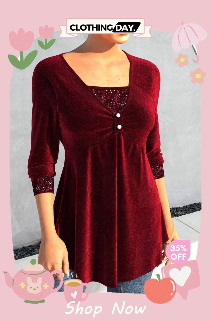 Wine Red Sequin Long Sleeve T Shirt Fitted Red T-shirt For Fall, Red Fitted Long Sleeve T-shirt, Solid Color Party Tops For Winter, Fitted Long Sleeve Tops For Holiday, Red Solid Color Winter Tops, Red Solid Color Party Top, Fitted V-neck Top For Holiday, Red Tops For Fall Holiday, Red Tops For Holiday In Fall