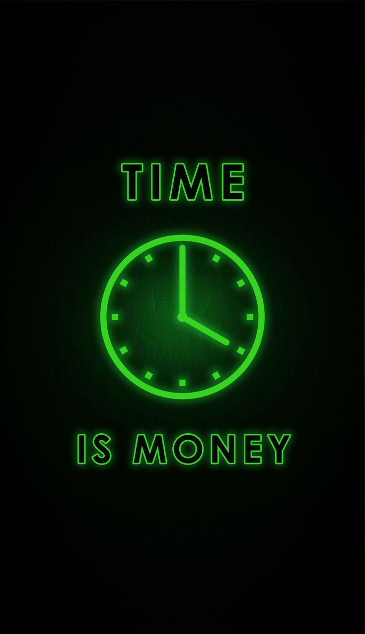 a green clock with the words time is money on it's face in front of a black background