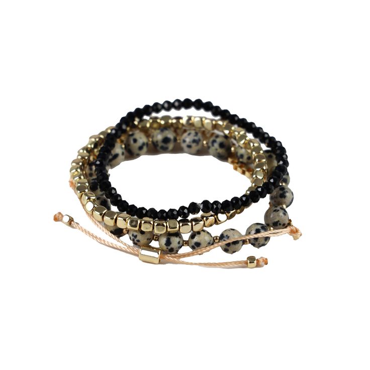 A stack of gold-corded, beaded stretch bracelets in black and cream hues with gold accents. KSF-B-200-WN23-103 Material content: 18k gold plated, nickel free. Glass and acrylic beads. Adjustable Gold Stretch Bracelet Stackable, Adjustable Stackable Gold Stretch Bracelet, Adjustable Gold Stretch Bracelet Hand-strung, Casual Gold Stackable Friendship Bracelets, Adjustable Hand-strung Gold Stretch Bracelet, Adjustable Stackable Gold Beaded Bracelets, Adjustable Multi-strand Beaded Bracelet With Gold Beads, Adjustable Multi-strand Gold Beaded Bracelets, Casual Gold Hand-strung Bracelets