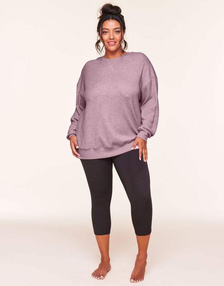 Get cozy in this laid-back purple waffle knit Ritza sweatshirt with ribbed cuffs and a dropped shoulder for a relaxed fit. Perfect for cozy days in. (Available in plus-sizes XL-4X.) Oversized Activewear For Lounging In Fall, Cozy Sweatshirt With Ribbed Cuffs For Relaxation, Comfy Long Sleeve Sweatshirt For Relaxation, Oversized Crew Neck Sweatshirt For Relaxation, Comfortable Lounging Sweater With Ribbed Cuffs, Long Sleeve Waffle Knit Sweatshirt For Loungewear, Waffle Knit Long Sleeve Sweatshirt For Loungewear, Cozy Waffle Knit Sweatshirt With Relaxed Fit, Oversized Casual Activewear For Lounging