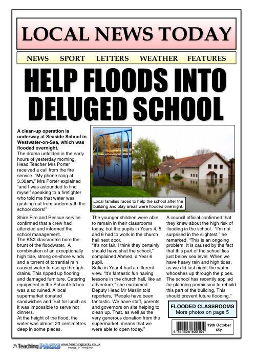 the front page of local news today with an image of flood waters and houses in the background