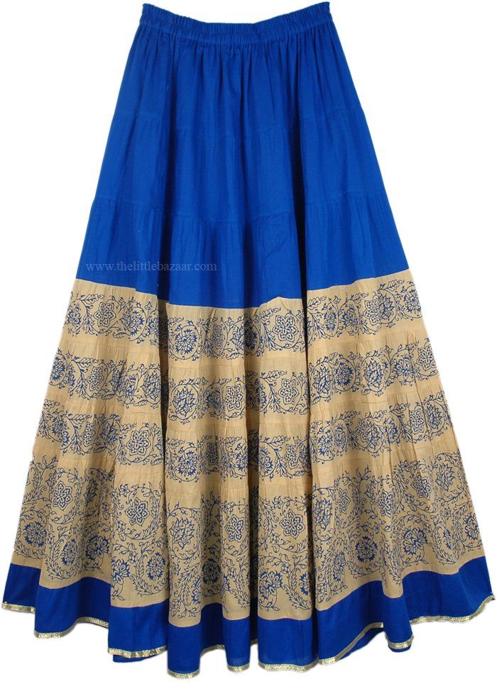 Cotton Long Summer Skirt in Tory Blue Long Summer Skirt, Summer Long Skirt, Long Cotton Skirt, Golden Ribbon, Floral Block Print, Long Skirt Summer, Golden Highlights, Shirt Dress Pattern, Modesty Fashion