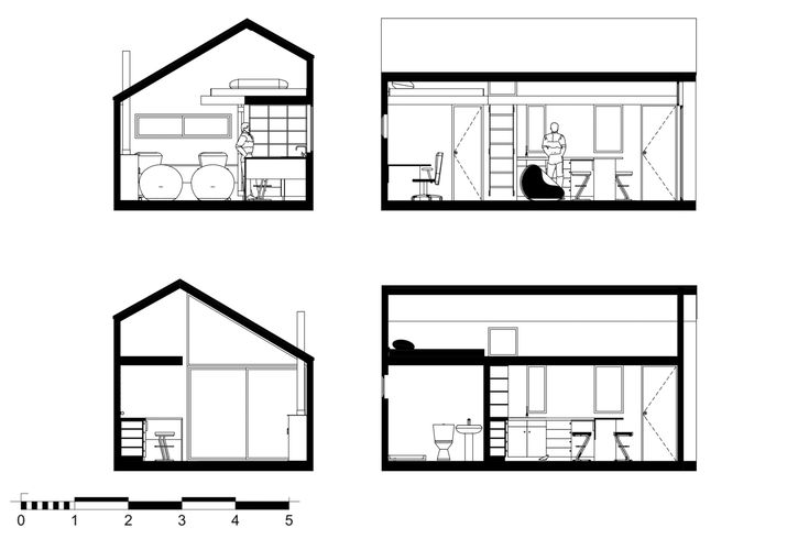 four different sections of a house with the floor plan and elevations showing each section