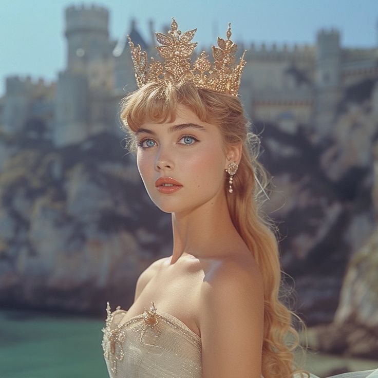 a woman wearing a tiara in front of a castle on the ocean with blue eyes