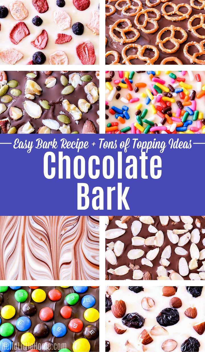 many different types of chocolate bark with text overlay that says easy recipe tons of toppings