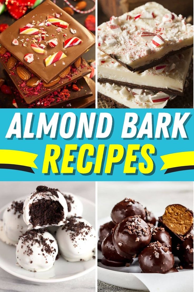 there are many different desserts on the table with text overlay that says almond bark recipes