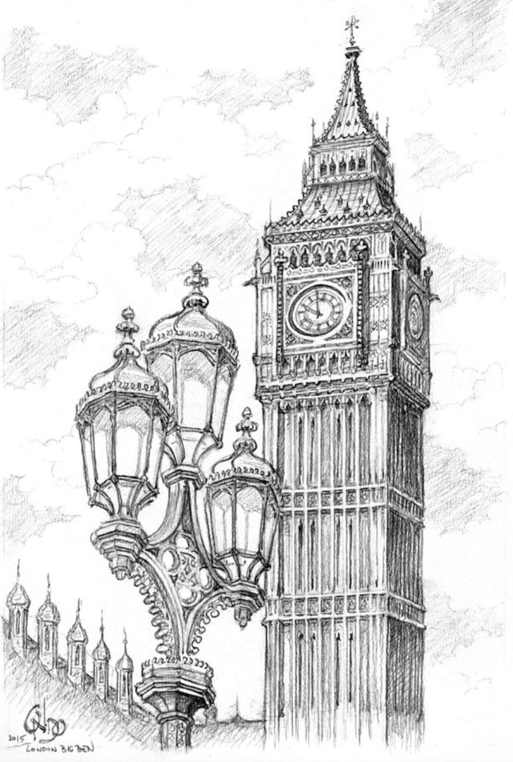 the big ben clock tower towering over the city of london in england, drawn by hand