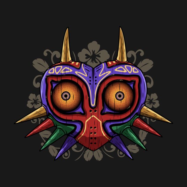 a colorful mask with horns and spikes on it's head, in the dark