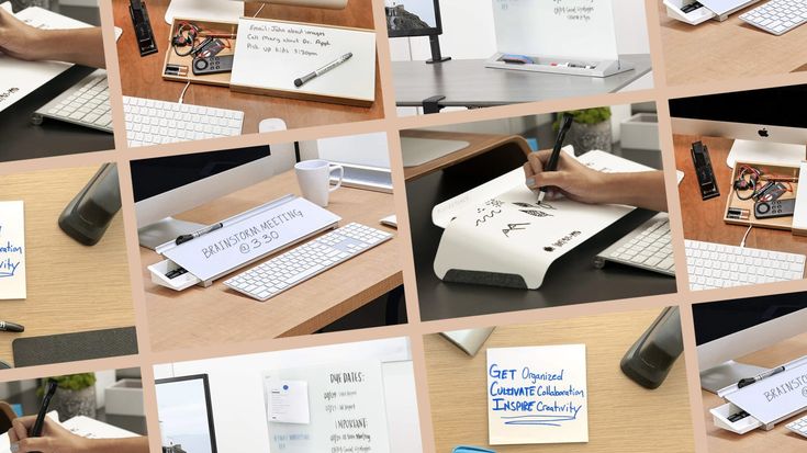 a collage of photos showing different types of electronic gadgets and devices on desks