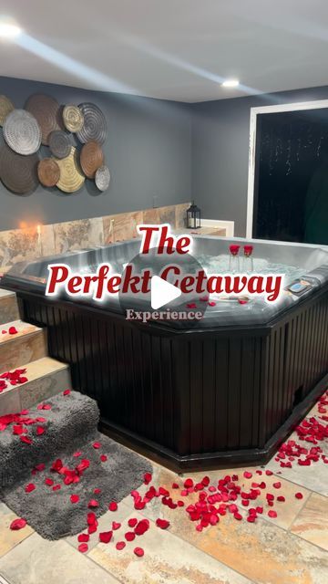 the perfect getaway hot tub with rose petals on the floor