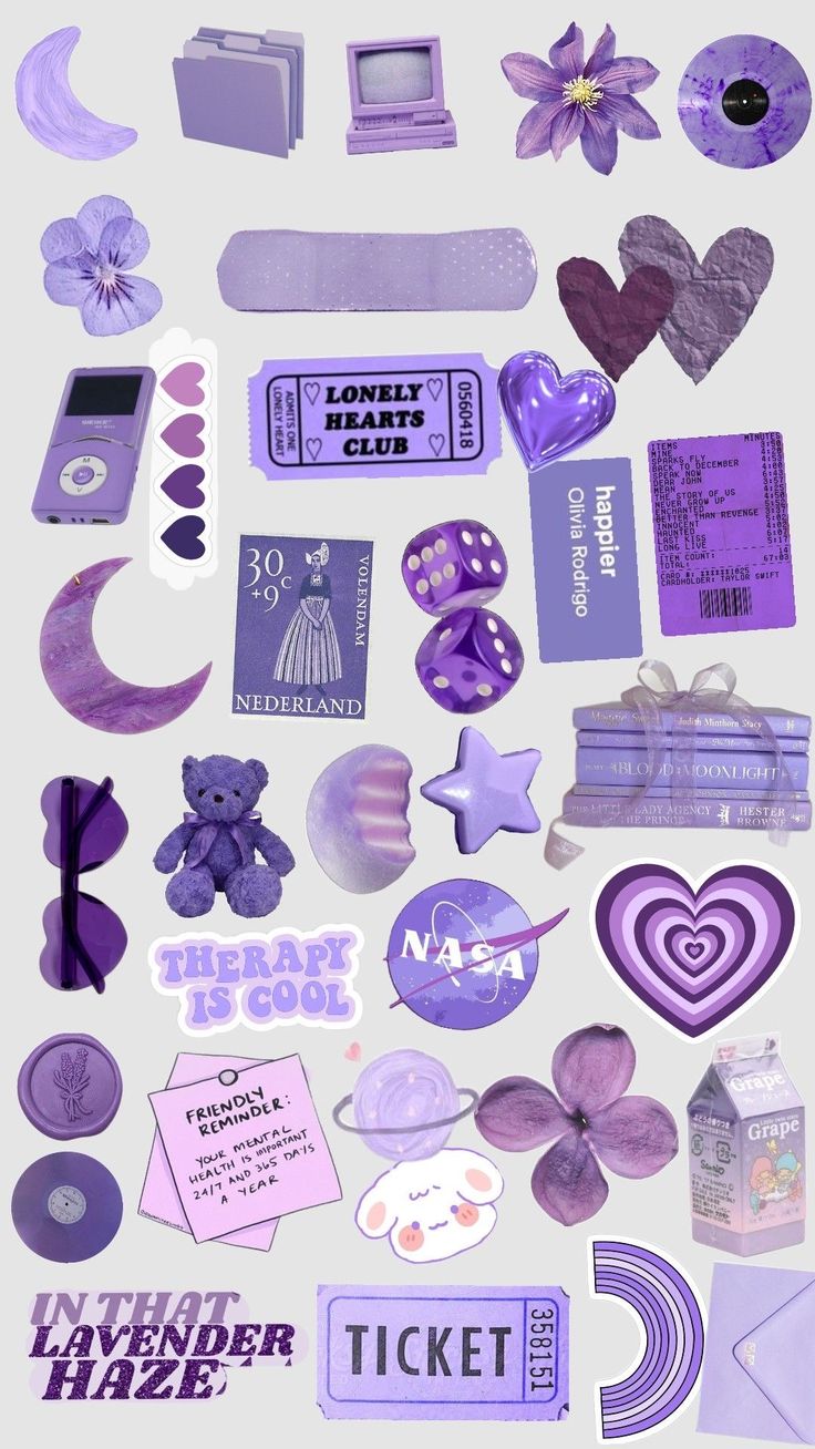 purple stickers are arranged in the shape of hearts, moon, and other items